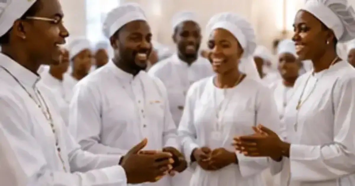 Celestial Church members in white garments sharing Christian fellowship together