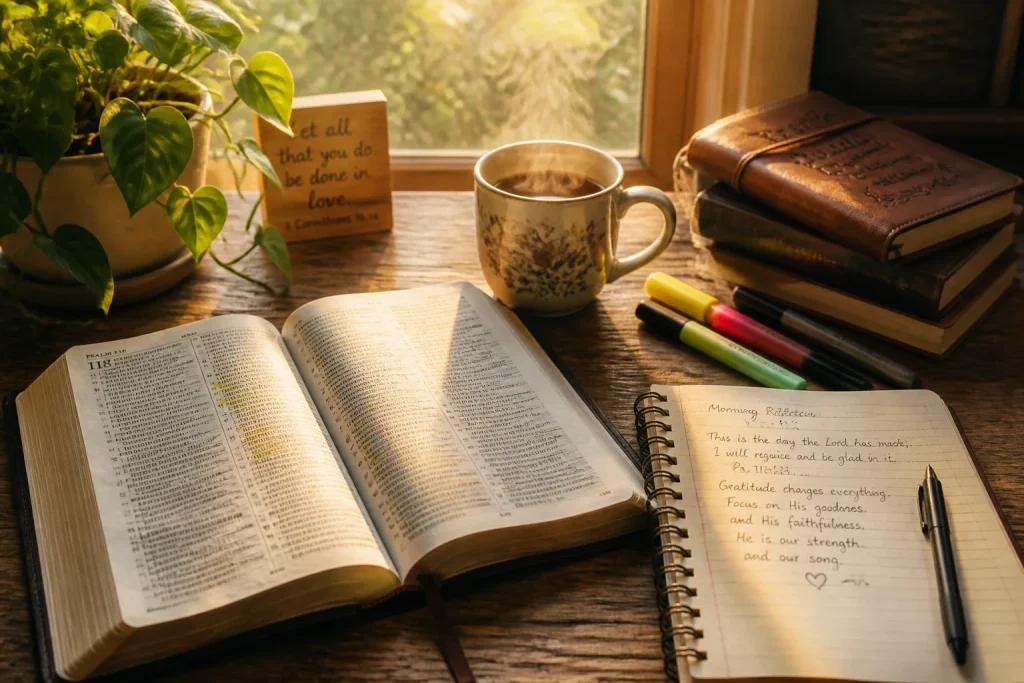 Open Bible on a rustic table with notes and highlighters, sunlight illuminating a steaming cup of tea, vintage notebook, and vibrant plant.