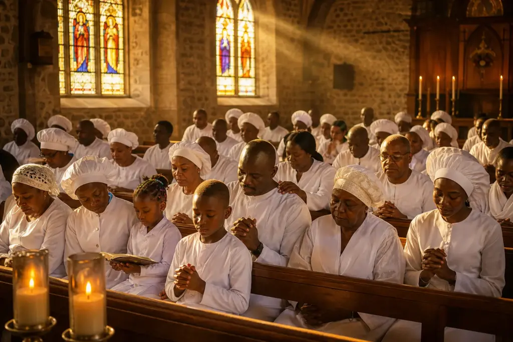 Diverse congregation prays together in sunlit wooden church sanctuary, hands clasped in unity as warm golden light streams through stained glass windo