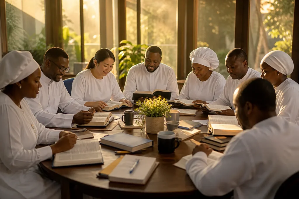 Diverse adult students sit in a circle studying Bibles in a sunlit classroom, their faces showing peaceful concentration and gentle smiles during a fa