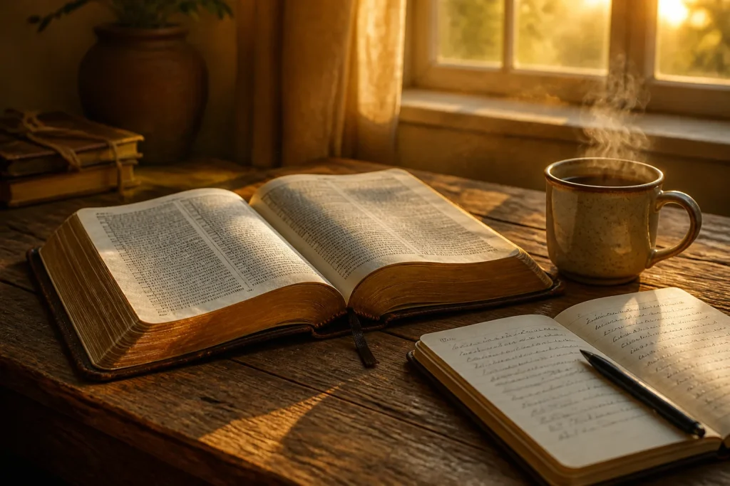 Worn leather Bible and steaming coffee cup on weathered wooden table in golden sunlight, with journal and dust particles visible through warm window l