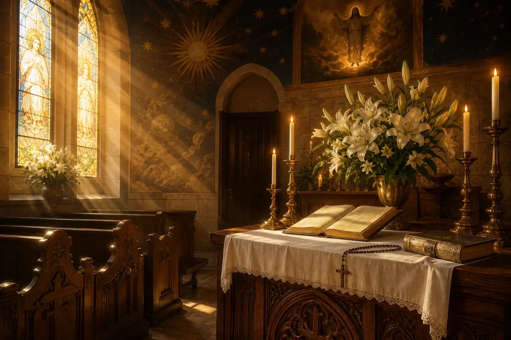 Golden sunlight streams through stained glass windows onto carved wooden pews, white lilies, and flickering candles in a serene chapel interior, creat