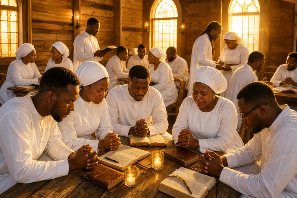 Diverse group worshipping in sunlit wooden chapel during golden hour, gathered in prayer circles around candlelit tables with Bibles and journals, fac