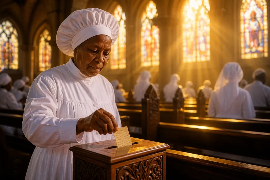 Weathered hands place a handwritten prayer card into an ornate wooden box inside a sunlit sanctuary, with stained glass casting amber and violet patte