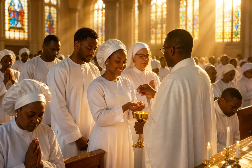 Diverse group of Christians in sunlit church sanctuary sharing communion bread and wine, hands clasped in prayer, faces lit by warm amber light throug