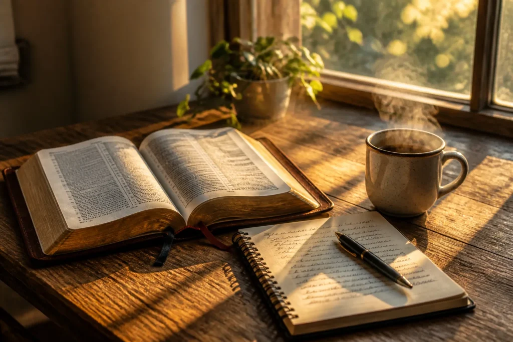 Wooden desk in golden sunlight with open Bible, steaming coffee cup, and handwritten journal casting peaceful shadows in warm tones.