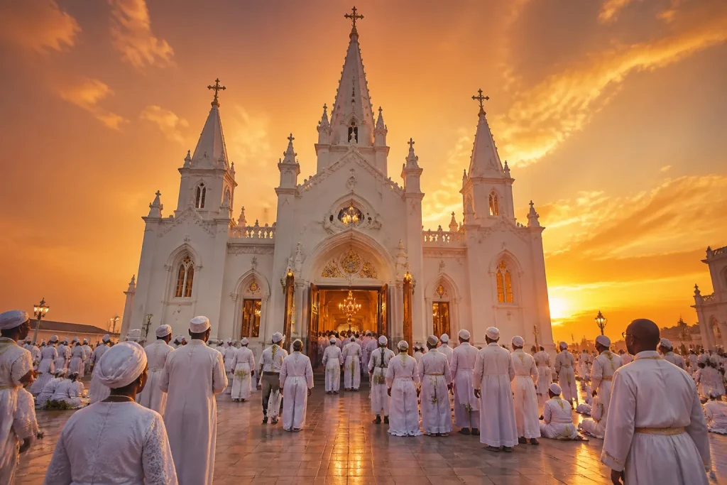 White-washed church with ornate spires glowing in golden sunset light, open doors revealing candlelit interior, devotees gathered in peaceful contempl