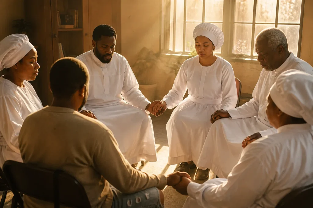 Diverse group holding hands in circle during golden hour, faces illuminated with warmth and quiet strength, sunlight streaming through windows creatin
