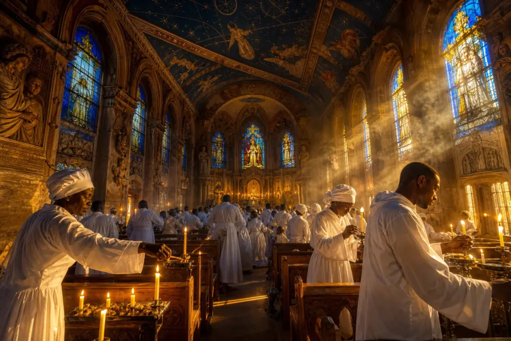 Candlelit stone chapel at sunset with robed worshippers beneath star-painted ceiling, stained-glass windows casting blue and gold light on wooden pews