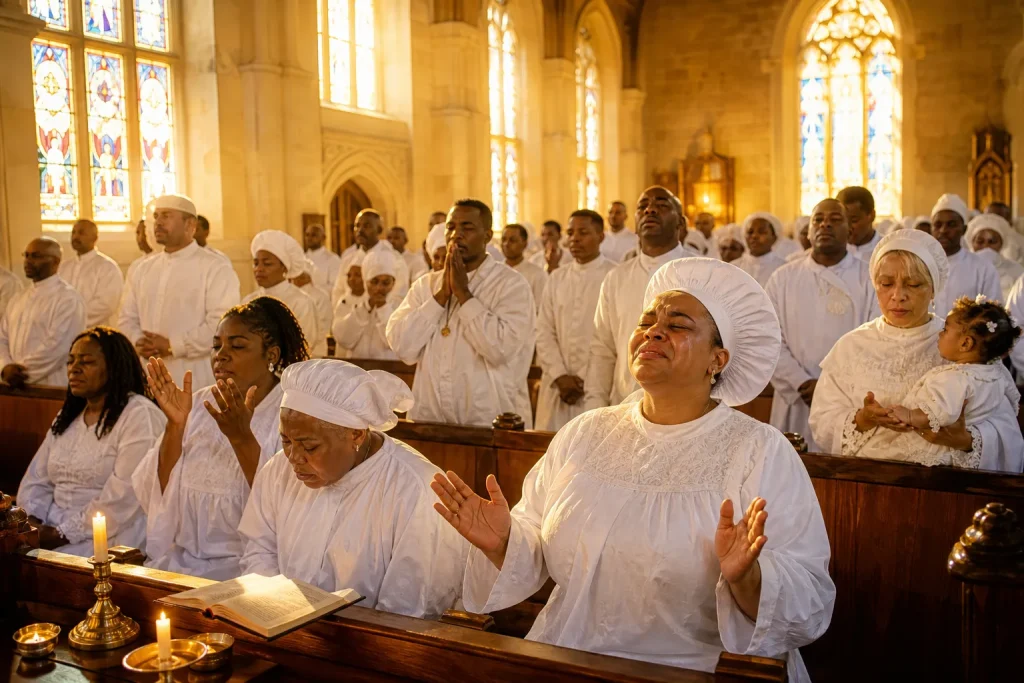 Diverse congregation in sunlit sanctuary with hands clasped in prayer, warm amber light filtering through stained glass windows, wooden pews and candl