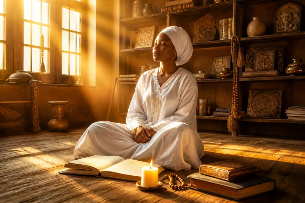 Student meditating cross-legged in sunlit room with journal, candle, and spiritual items on shelves behind them.